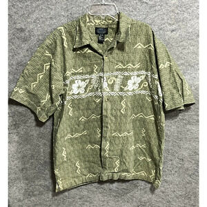 Vintage Hawaiian Shirt Mens Medium Floral Tribal Tikis Brat Green Beach Party